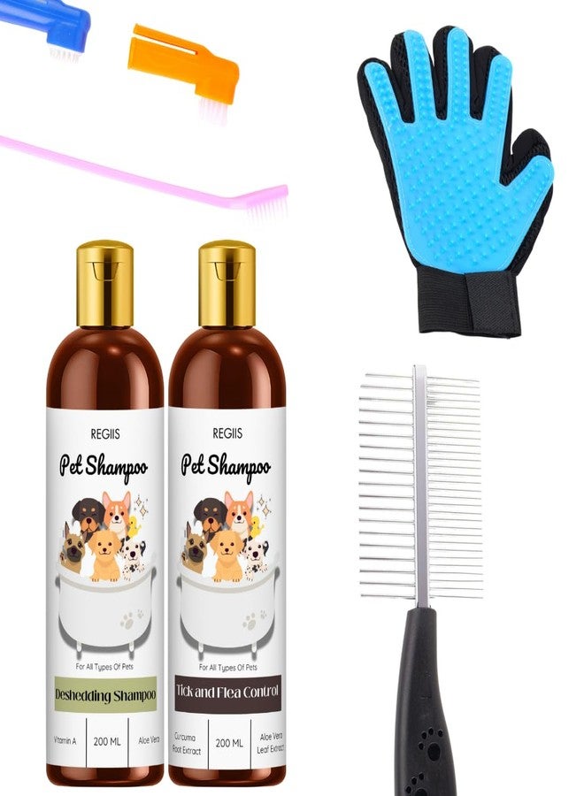 REGIIS Pet Grooming Kit, Dog Shampoo Set with Deshedding and Flea Control Formula, 200ml Each, Includes Grooming Glove, Pet Comb, Brushes(5-Pack) - Image 1